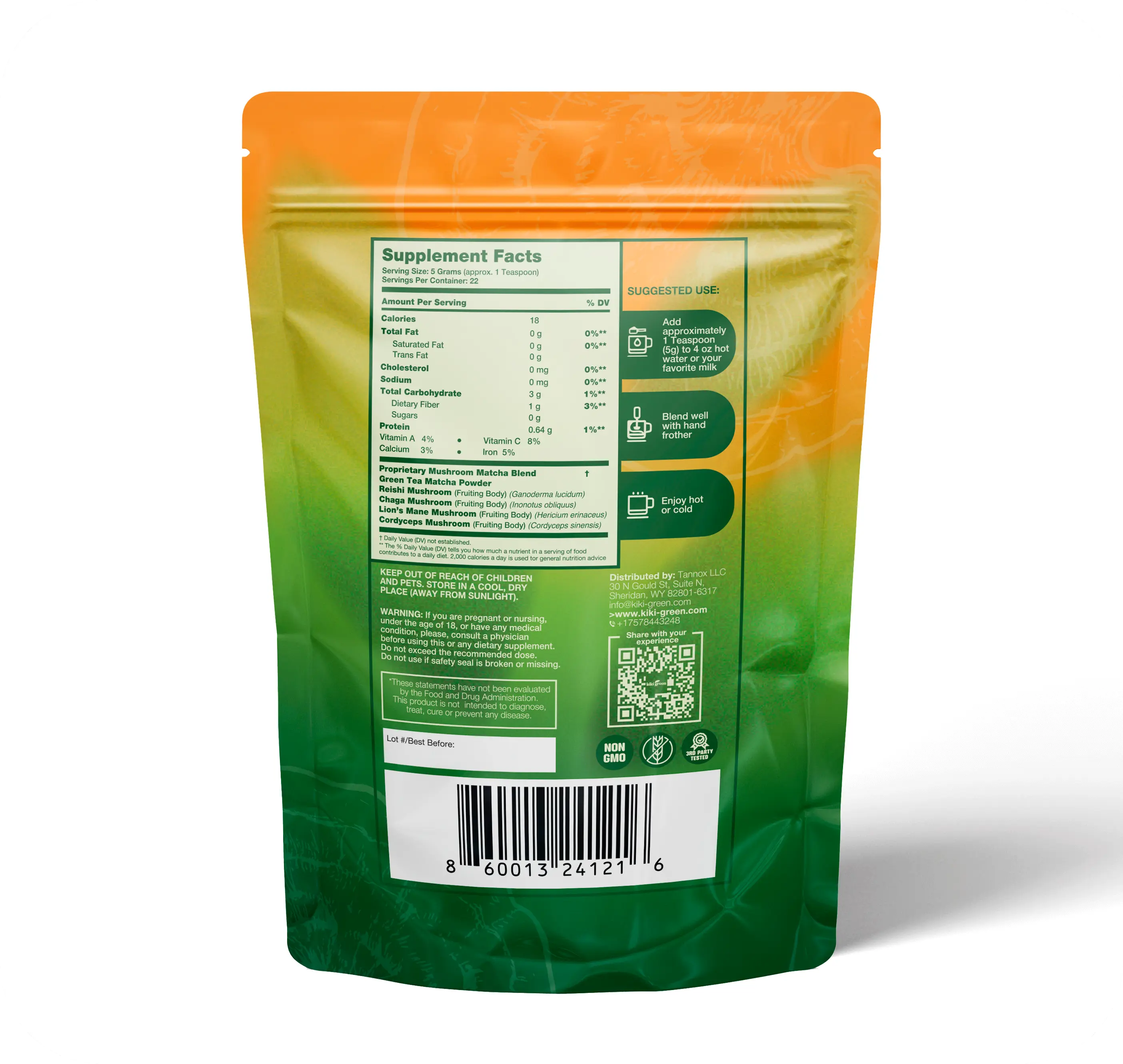 Mushroom Matcha 4 Oz  KIKI Green