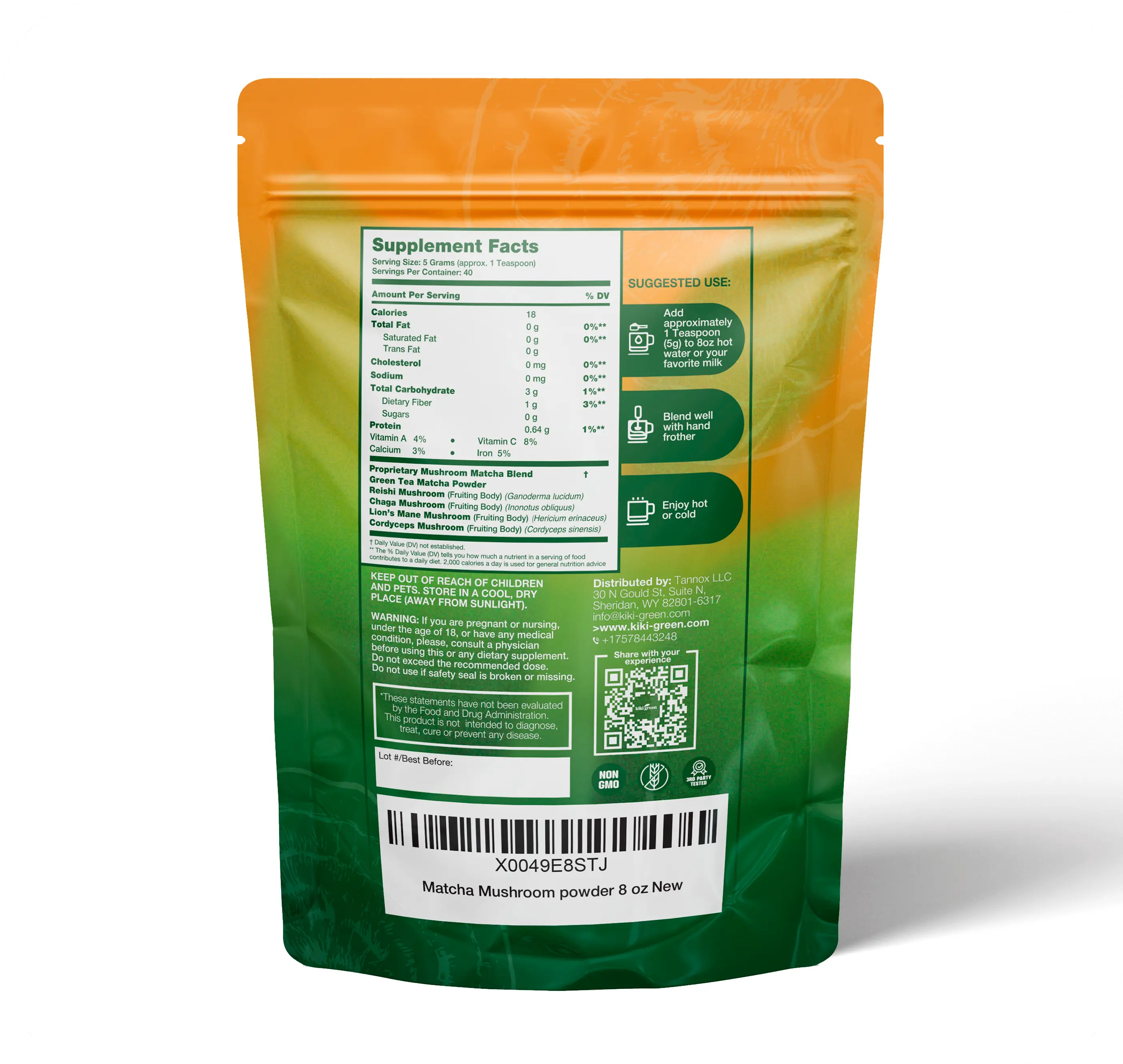 Mushroom Matcha 8 Oz  KIKI Green