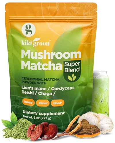 KIKI Green Mushroom Matcha Super Blend - Matcha Powder with Lion's Mane, Chaga, Reishi, Cordyceps - Mushroom Coffee Alternative for Energy, Focus, Immunity - 8 oz, 40 Servings