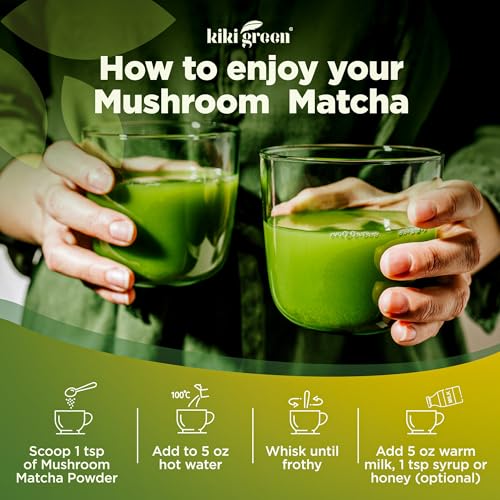 KIKI Green Mushroom Matcha Super Blend - Matcha Powder with Lion's Mane, Chaga, Reishi, Cordyceps - Mushroom Coffee Alternative for Energy, Focus, Immunity - 8 oz, 40 Servings