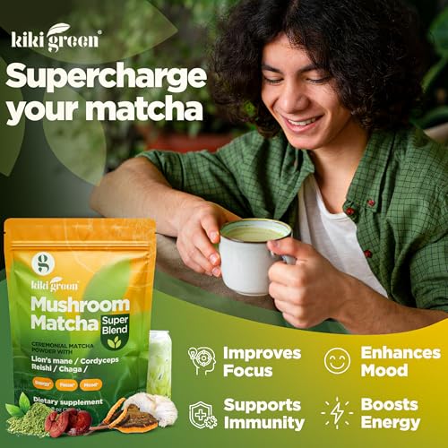 KIKI Green Mushroom Matcha Super Blend - Matcha Powder with Lion's Mane, Chaga, Reishi, Cordyceps - Mushroom Coffee Alternative for Energy, Focus, Immunity - 8 oz, 40 Servings