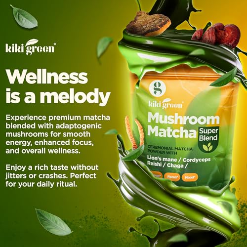 KIKI Green Mushroom Matcha Super Blend - Matcha Powder with Lion's Mane, Chaga, Reishi, Cordyceps - Mushroom Coffee Alternative for Energy, Focus, Immunity - 8 oz, 40 Servings