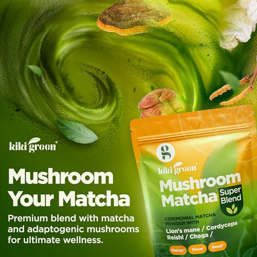 KIKI Green Mushroom Matcha Super Blend - Matcha Powder with Lion's Mane, Chaga, Reishi, Cordyceps - Mushroom Coffee Alternative for Energy, Focus, Immunity - 8 oz, 40 Servings