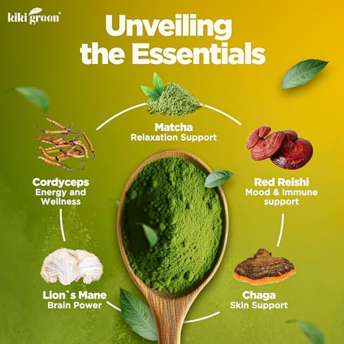 KIKI Green Mushroom Matcha Super Blend - Matcha Powder with Lion's Mane, Chaga, Reishi, Cordyceps - Mushroom Coffee Alternative for Energy, Focus, Immunity - 8 oz, 40 Servings