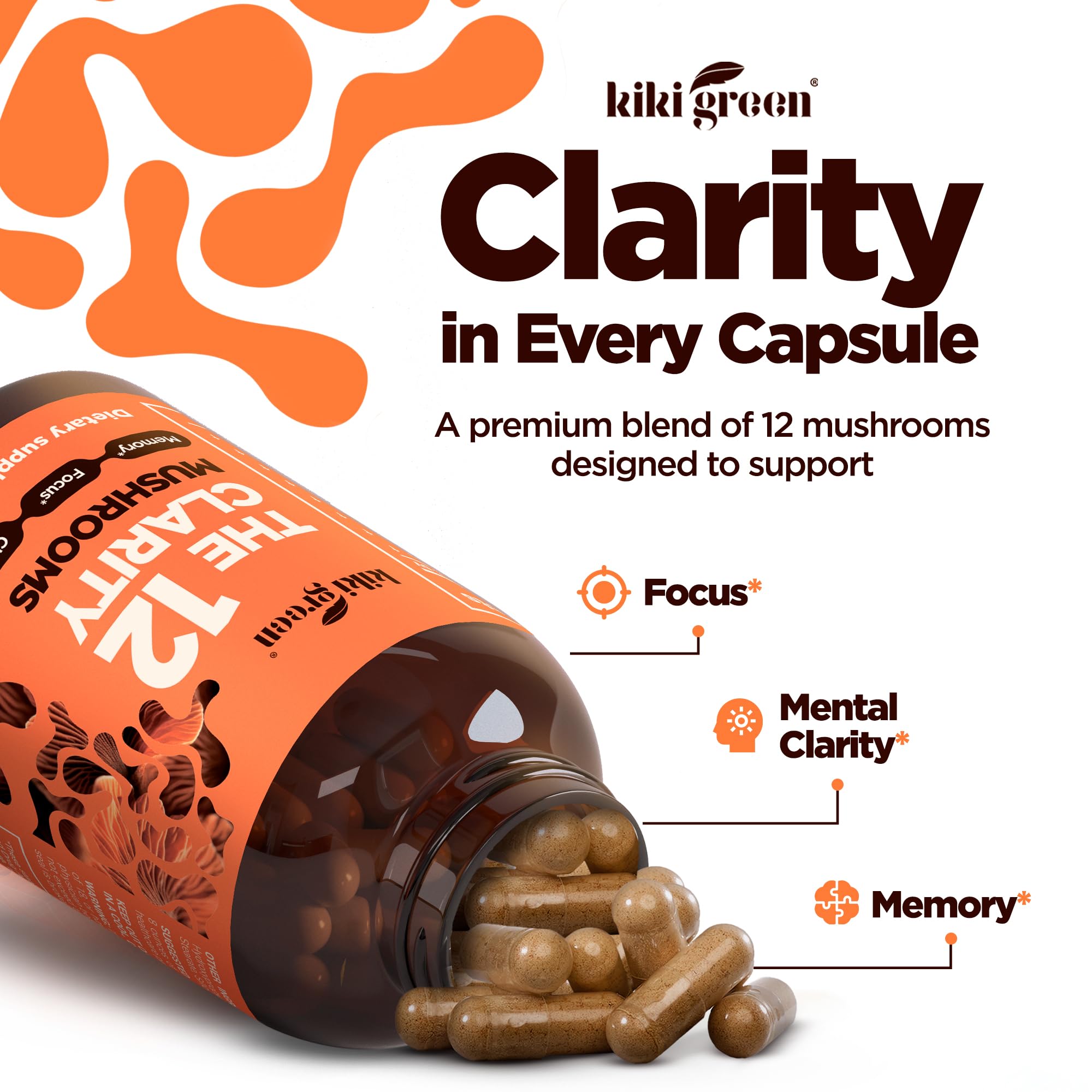 KIKI Green 12 Mushroom Supplement Capsules - Lion's Mane, Chaga, Cordyceps, Reishi, Maitake, Shiitake - Focus, Memory, Clarity - 1500mg Per Serving, Vegan, 120 Count