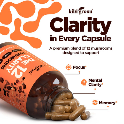 KIKI Green 12 Mushroom Supplement Capsules - Lion's Mane, Chaga, Cordyceps, Reishi, Maitake, Shiitake - Focus, Memory, Clarity - 1500mg Per Serving, Vegan, 120 Count
