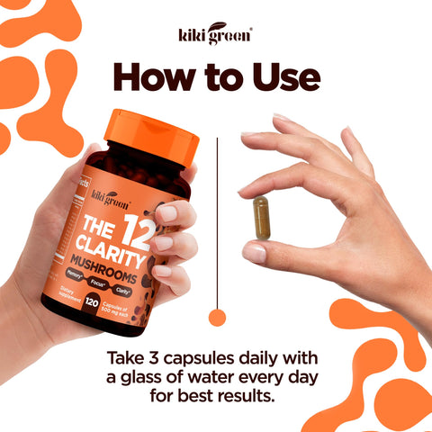 KIKI Green 12 Mushroom Supplement Capsules - Lion's Mane, Chaga, Cordyceps, Reishi, Maitake, Shiitake - Focus, Memory, Clarity - 1500mg Per Serving, Vegan, 120 Count
