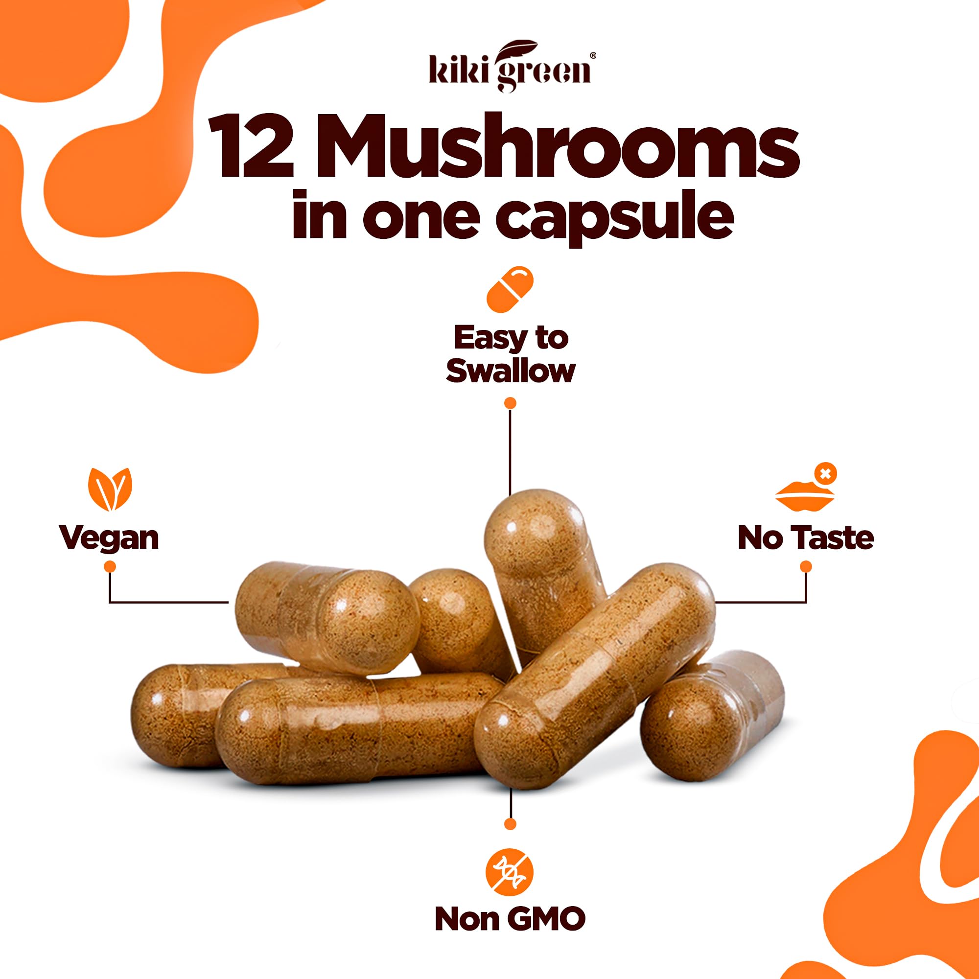 KIKI Green 12 Mushroom Supplement Capsules - Lion's Mane, Chaga, Cordyceps, Reishi, Maitake, Shiitake - Focus, Memory, Clarity - 1500mg Per Serving, Vegan, 120 Count
