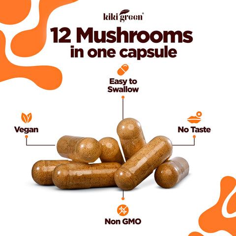 KIKI Green 12 Mushroom Supplement Capsules - Lion's Mane, Chaga, Cordyceps, Reishi, Maitake, Shiitake - Focus, Memory, Clarity - 1500mg Per Serving, Vegan, 120 Count