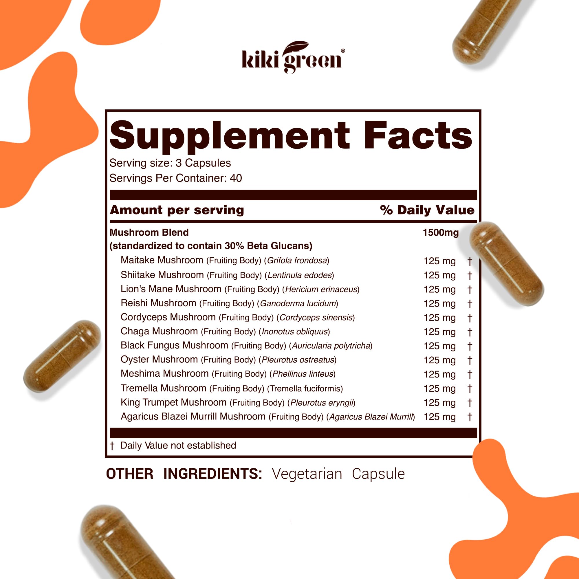 KIKI Green 12 Mushroom Supplement Capsules - Lion's Mane, Chaga, Cordyceps, Reishi, Maitake, Shiitake - Focus, Memory, Clarity - 1500mg Per Serving, Vegan, 120 Count