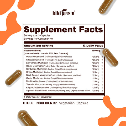 KIKI Green 12 Mushroom Supplement Capsules - Lion's Mane, Chaga, Cordyceps, Reishi, Maitake, Shiitake - Focus, Memory, Clarity - 1500mg Per Serving, Vegan, 120 Count