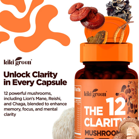 KIKI Green 12 Mushroom Supplement Capsules - Lion's Mane, Chaga, Cordyceps, Reishi, Maitake, Shiitake - Focus, Memory, Clarity - 1500mg Per Serving, Vegan, 120 Count