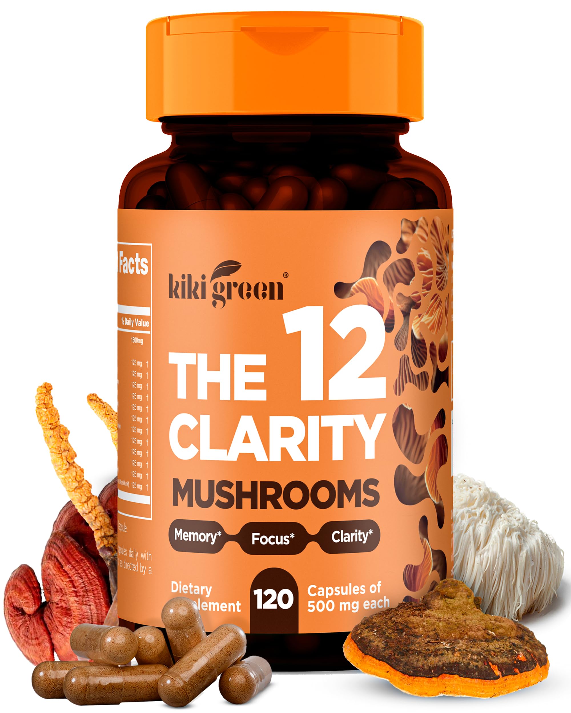 KIKI Green 12 Mushroom Supplement Capsules - Lion's Mane, Chaga, Cordyceps, Reishi, Maitake, Shiitake - Focus, Memory, Clarity - 1500mg Per Serving, Vegan, 120 Count
