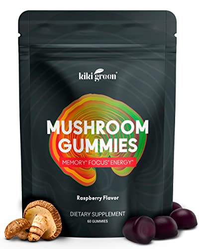 KIKI Green Mushroom Gummies with Lion's Mane & 9 Adaptogen Mushrooms Blend - Chaga Red Reishi Cordyceps Shiitake Black Fungus | 60 Gummies, 10:1 Extract