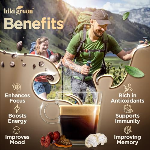 KIKI Green Mushroom Coffee - Instant Arabica Brew with Reishi, Chaga, Lion's Mane - Everyday Coffee Alternative for Focus, Energy & Immunity