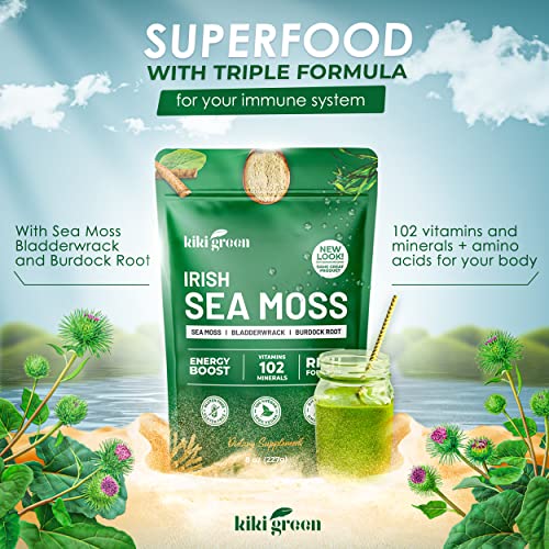 KIKI Green Irish Sea Moss Powder 8 Oz - Wildcrafted Sea Moss with Bladderwrack Burdock Root Powder Dr Sebi Sea Moss for Immune Support - Keto, Vegan Friendly Powder