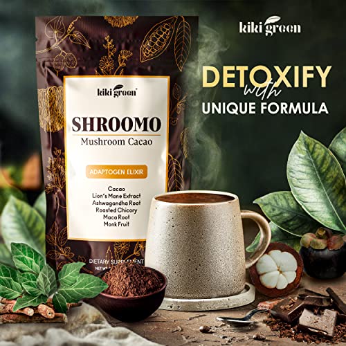SHROOMO - Mushroom Cacao Adaptogen with Lions Mane, Mushroom Coffee Alternative, Superfood for Mental Clarity, Focus and Energy 8 Oz, by KIKI Green