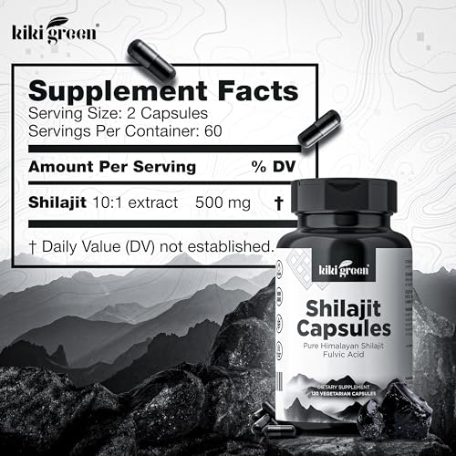 KIKI Green Shilajit Capsules - Shilajit Pure Himalayan Organic Supplement, 40% Fulvic Acid & Trace Minerals - 500 mg Pure Shilajit per Serving for Strength, Energy, Immunity - 60 Vegan Capsules