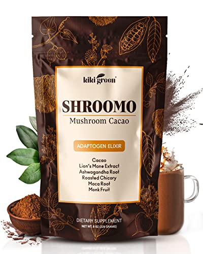 SHROOMO - Mushroom Cacao Adaptogen with Lions Mane, Mushroom Coffee Alternative, Superfood for Mental Clarity, Focus and Energy 8 Oz, by KIKI Green
