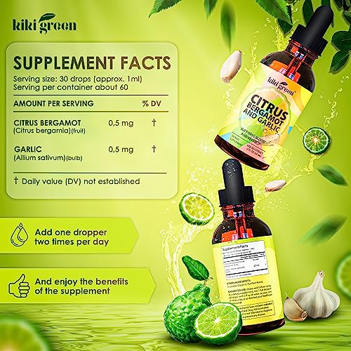 KIKI Green Liquid Citrus Bergamot & Garlic Extract - Citrus Bergamot Supplement for Heart Health, Immune System Support and Healthy Aging Non-GMO, Gluten-Free Supplement 2 Fl Oz.