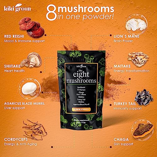 KIKI Green Mushroom Powder Extract - The 8 Mushrooms Supplement Blend for Coffee & Smoothie Lion's Mane, Cordyceps, Chaga, Reishi, Shiitake, Turkey Tail, Maitake Complex Mushroom Powder Supplement