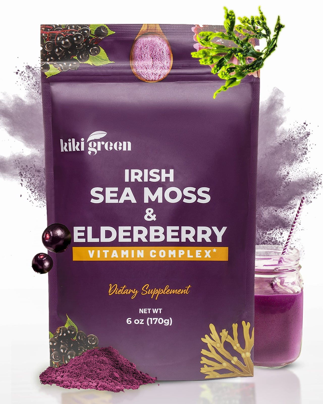 KIKI Green Sea Moss Powder with Elderberry Immune Boost Elderberry Juice - Elderberry Supplements Elderberry Drink Mix Vegan Elderberry Superfood Powder Multivitamin Powder -Immune Support 6 Oz