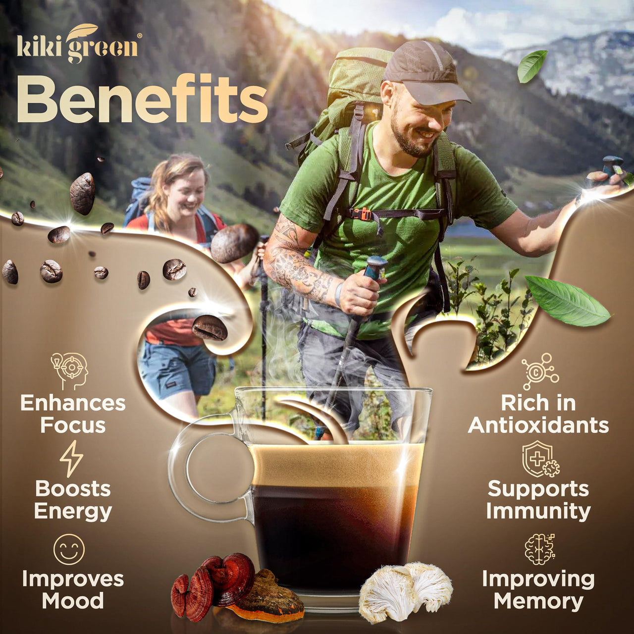 KIKI Green Mushroom Coffee - Instant Arabica Brew with Reishi, Chaga, Lion's Mane - Everyday Coffee Alternative for Focus, Energy & Immunity